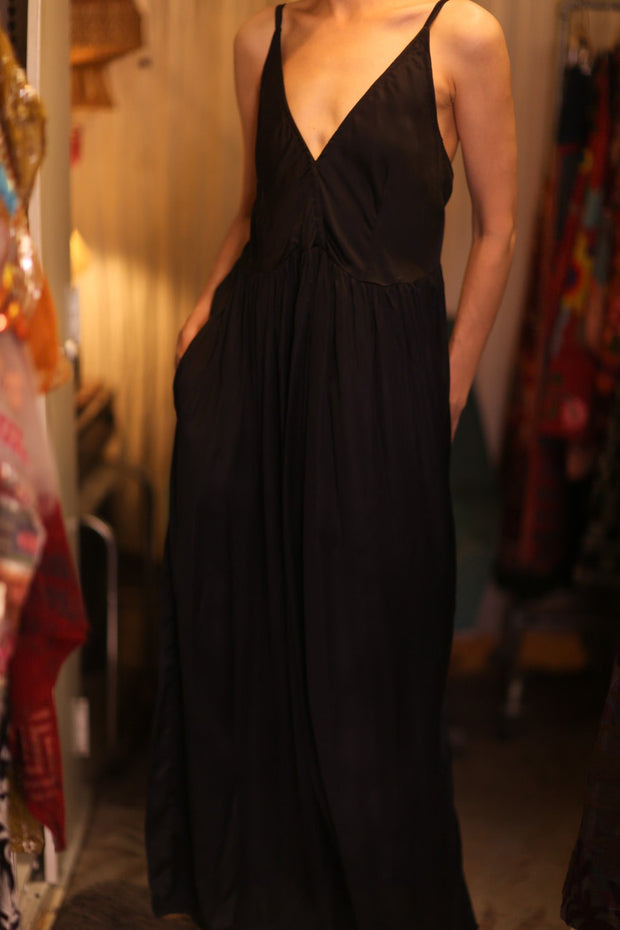 LILY SILK DRESS SOLID BLACK - sustainably made MOMO NEW YORK sustainable clothing, Boho Chic Dress slow fashion