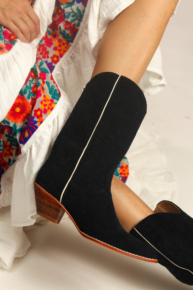 BLACK CORDUROY BOOTS MOLINA - sustainably made MOMO NEW YORK sustainable clothing, boots slow fashion
