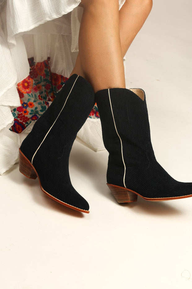 BLACK CORDUROY BOOTS MOLINA - sustainably made MOMO NEW YORK sustainable clothing, boots slow fashion