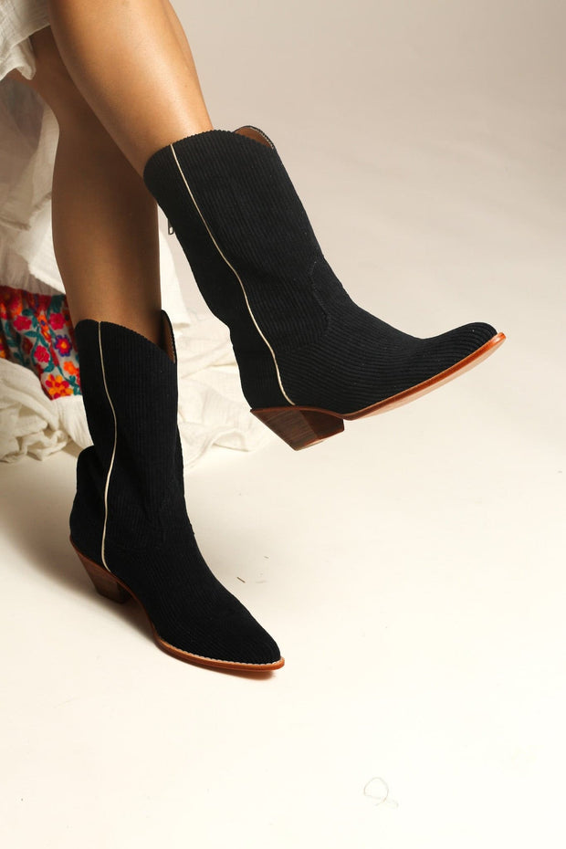 BLACK CORDUROY BOOTS MOLINA - sustainably made MOMO NEW YORK sustainable clothing, boots slow fashion
